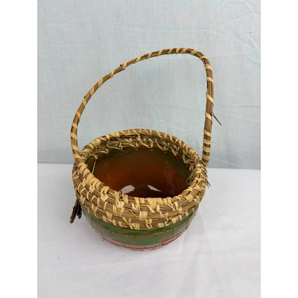 Handmade Glazed Pottery Basket Bowl Woven Pine Needle Rim Handle‎ Green Brown